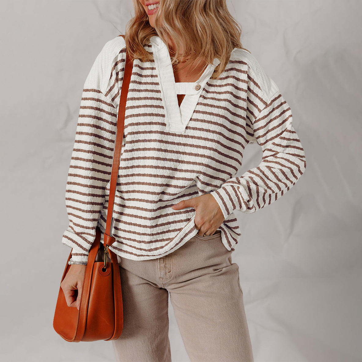 Janeen Women’s V-Neck Sweater – Soft Knit Pullover with Striped Texture