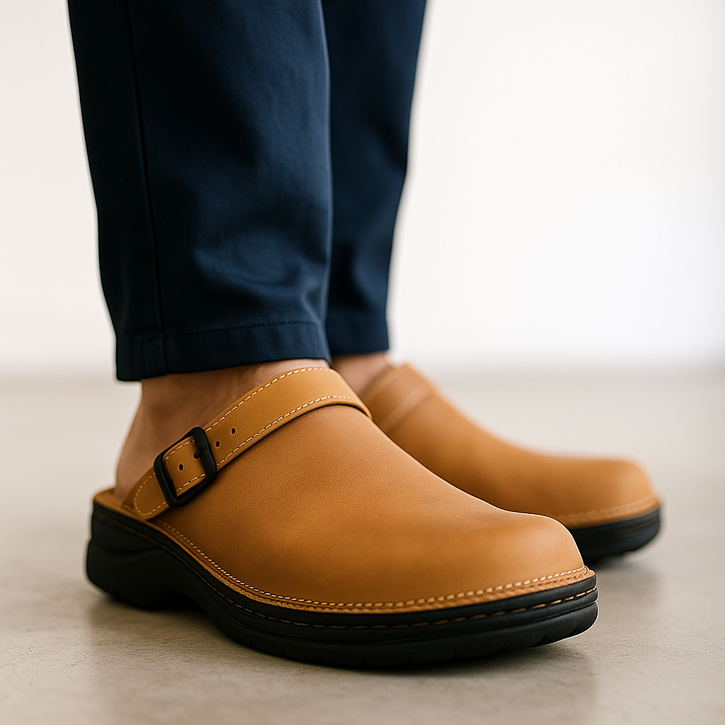 Antonio Men’s Leather Slip-On Clogs – Adjustable Buckle & Cushioned Comfort