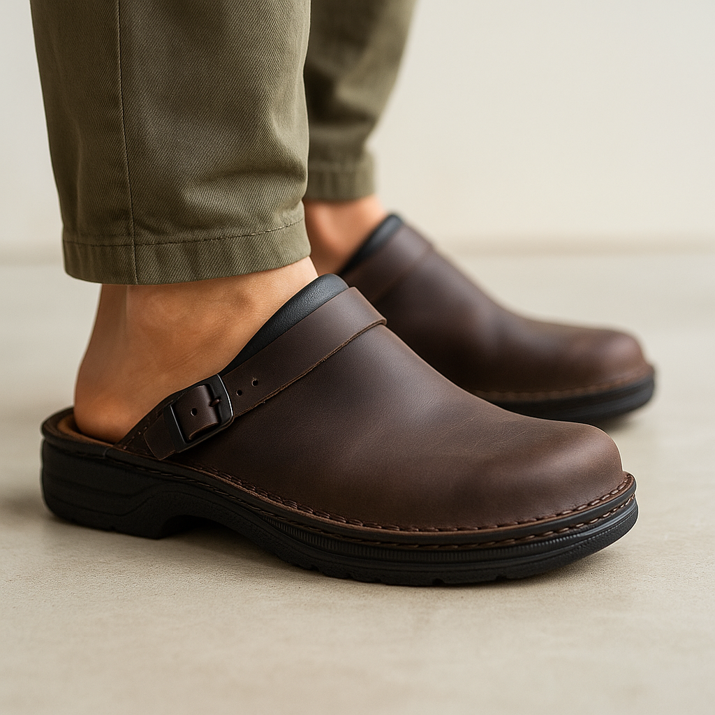 Antonio Men’s Leather Slip-On Clogs – Adjustable Buckle & Cushioned Comfort