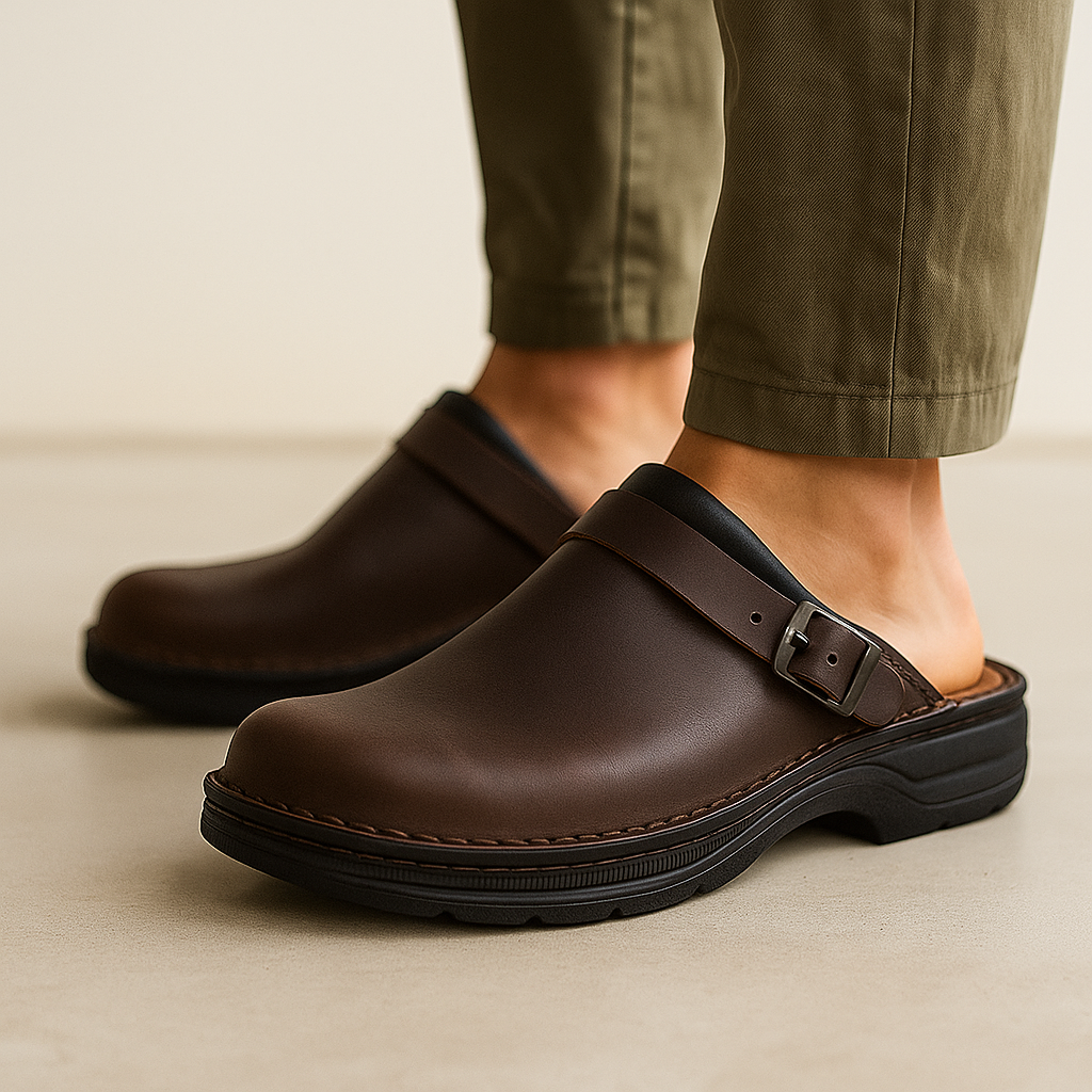 Antonio Men’s Leather Slip-On Clogs – Adjustable Buckle & Cushioned Comfort