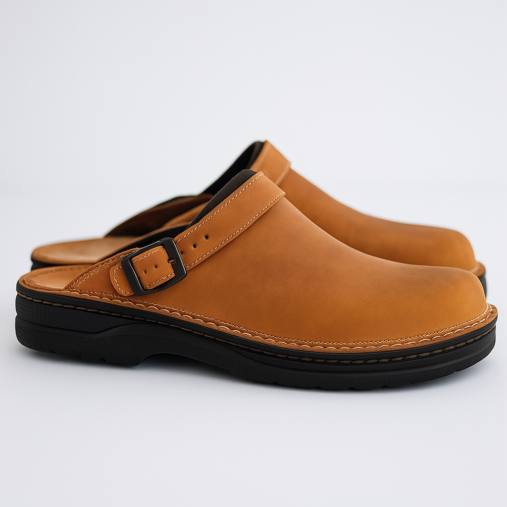 Antonio Men’s Leather Slip-On Clogs – Adjustable Buckle & Cushioned Comfort