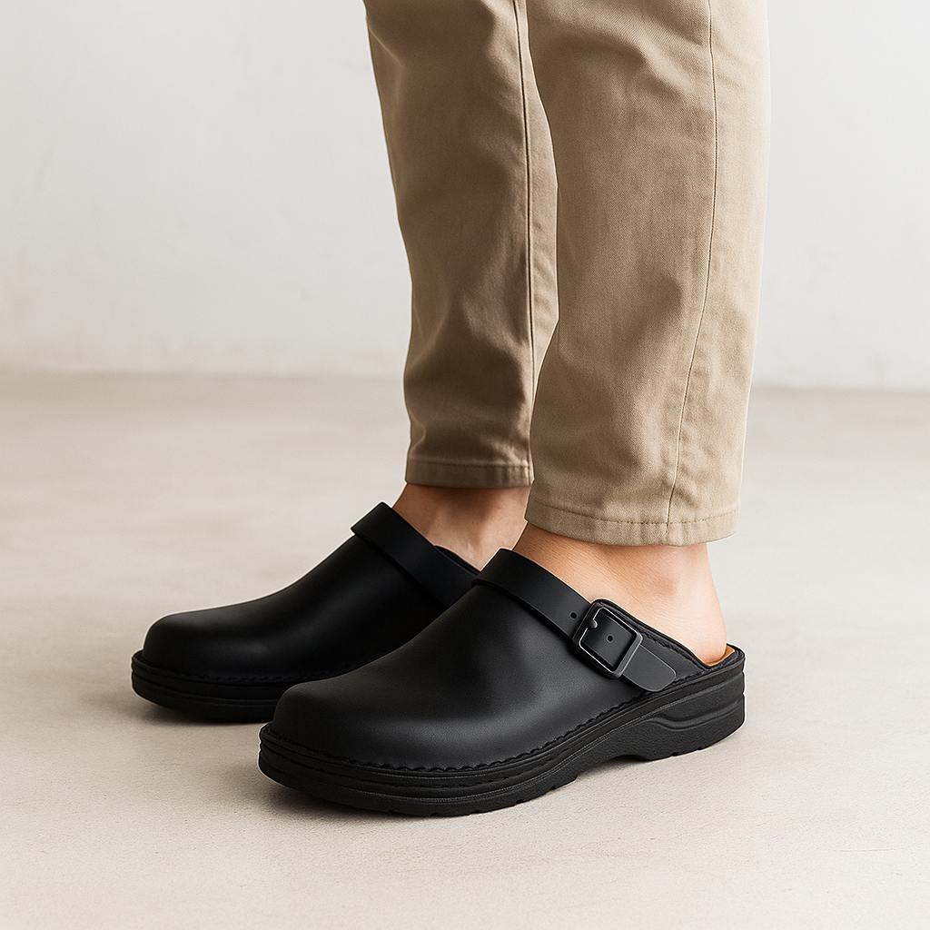 Antonio Men’s Leather Slip-On Clogs – Adjustable Buckle & Cushioned Comfort