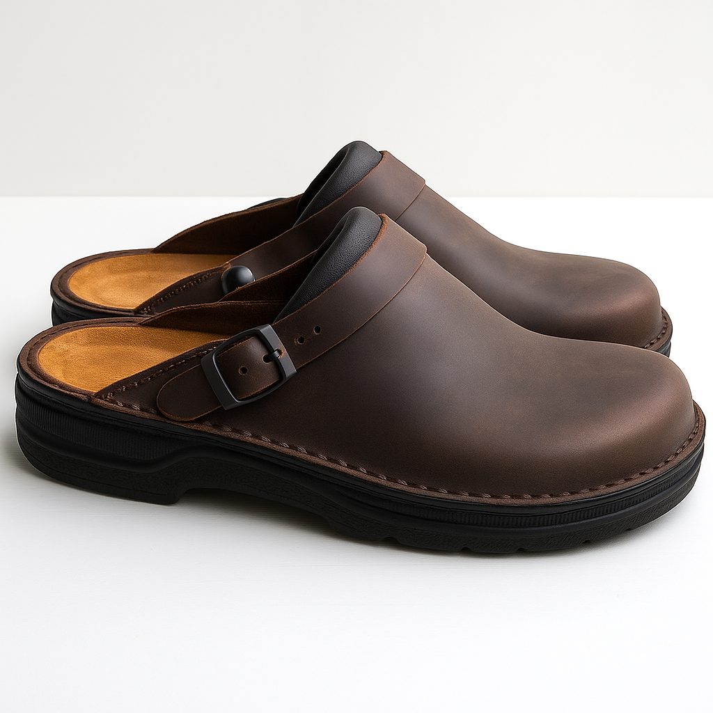 Antonio Men’s Leather Slip-On Clogs – Adjustable Buckle & Cushioned Comfort