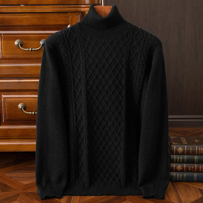 Roy Men’s Turtleneck Sweater – Wool Blend Cable Knit Pullover