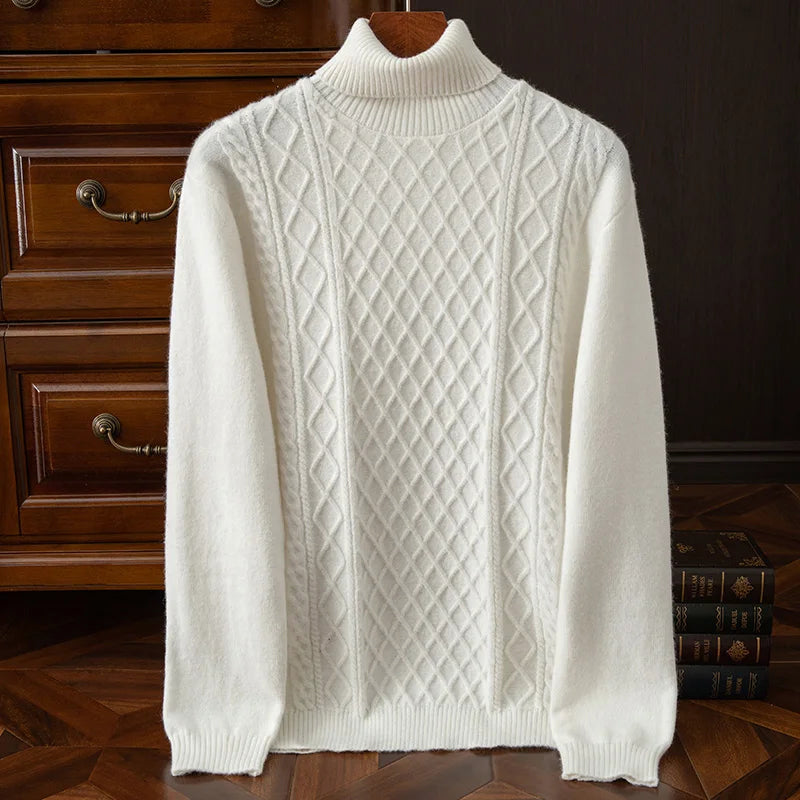 Roy Men’s Turtleneck Sweater – Wool Blend Cable Knit Pullover