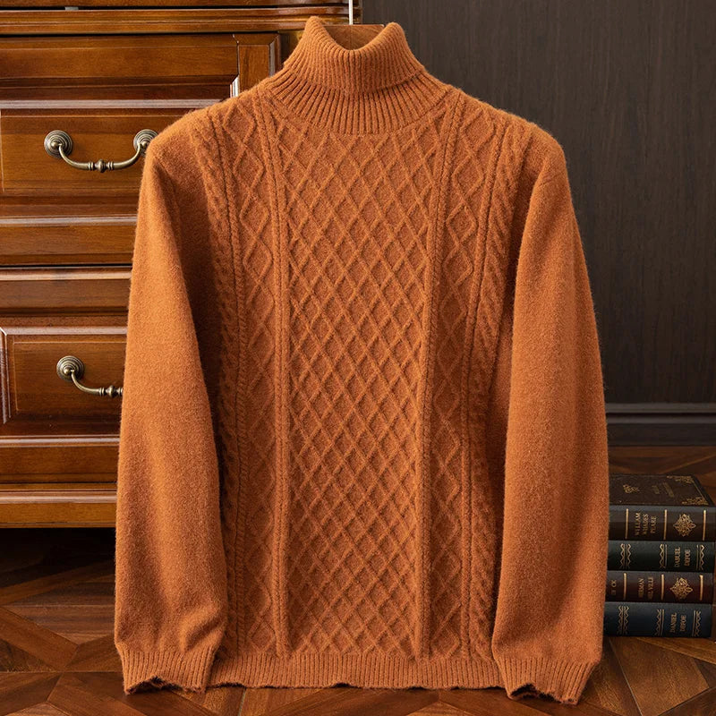 Cullen Men’s Wool Blend Turtleneck Sweater – Relaxed Cable Knit Winter Pullover