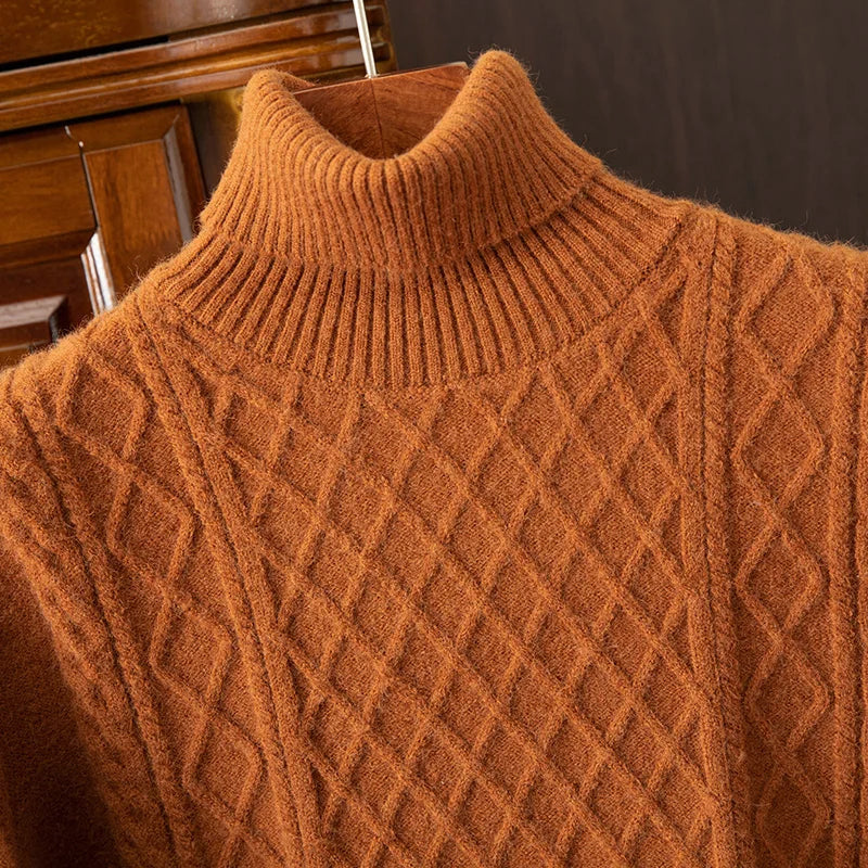 Cullen Men’s Wool Blend Turtleneck Sweater – Relaxed Cable Knit Winter Pullover