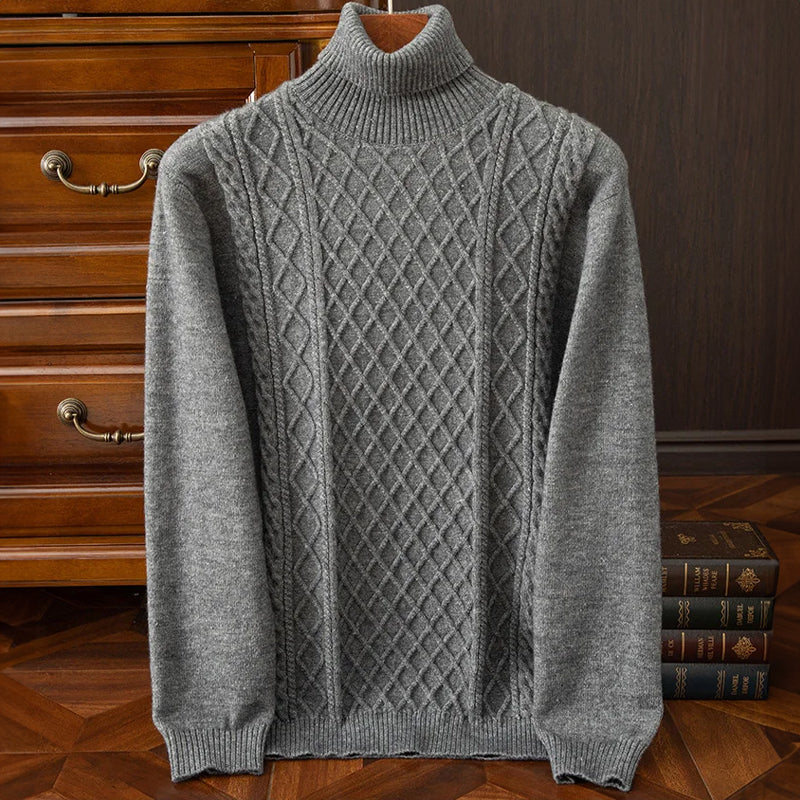 Cullen Men’s Wool Blend Turtleneck Sweater – Relaxed Cable Knit Winter Pullover