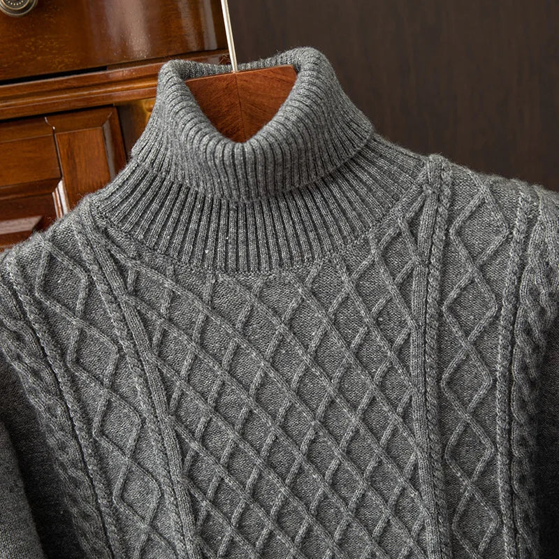 Cullen Men’s Wool Blend Turtleneck Sweater – Relaxed Cable Knit Winter Pullover