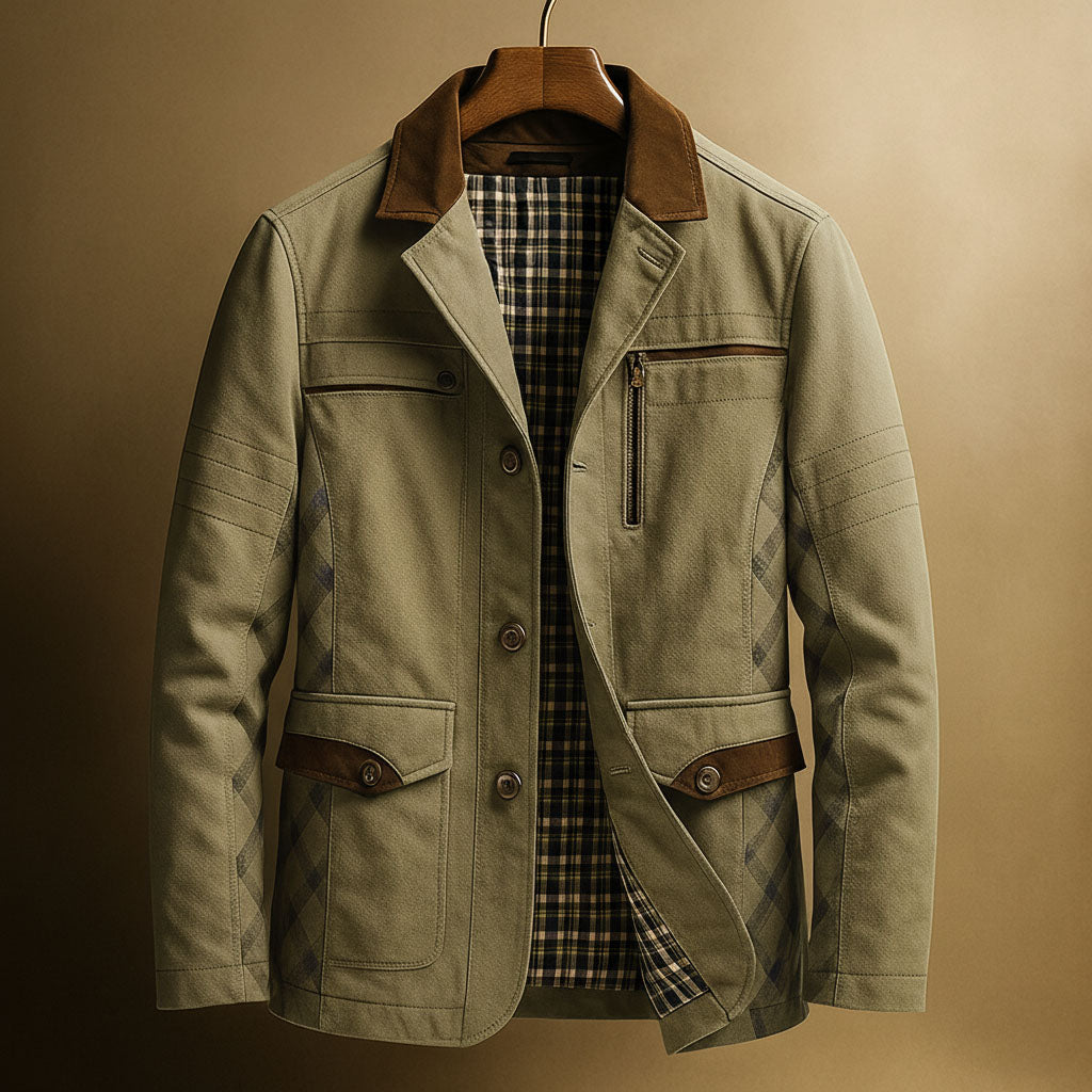 Renzo Men’s Cotton Field Jacket – Heavy Twill Coat with Suede Trim & Checked Lining