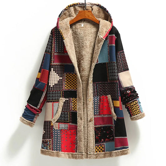 Gianna Wool Blend Patchwork Jacket – Relaxed Fit Women’s Winter Coat with Hood