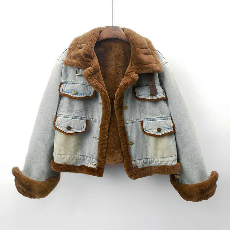 Lucia Women’s Denim Winter Jacket – Faux Mink Cashmere Blend with Vintage Short Cut