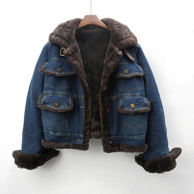 Lucia Women’s Denim Winter Jacket – Faux Mink Cashmere Blend with Vintage Short Cut