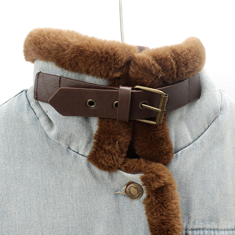 Lucia Women’s Denim Winter Jacket – Faux Mink Cashmere Blend with Vintage Short Cut