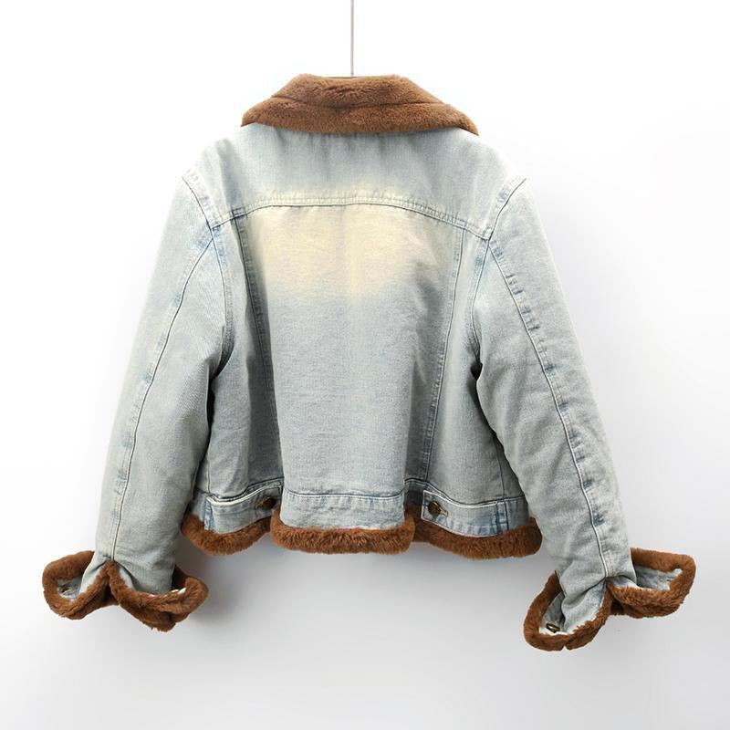 Lucia Women’s Denim Winter Jacket – Faux Mink Cashmere Blend with Vintage Short Cut