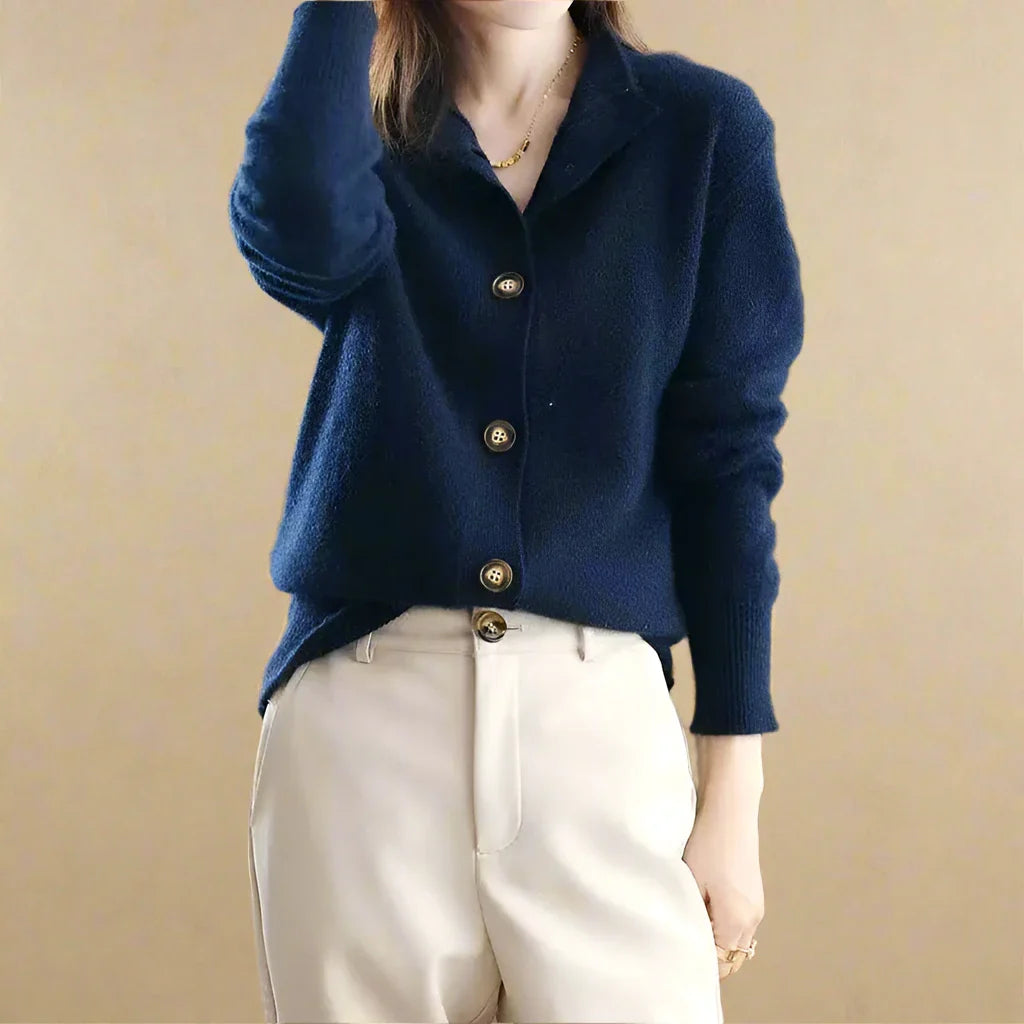 Claudia Women’s Wool Cotton Cardigan – Vintage Button Front with Stand Collar