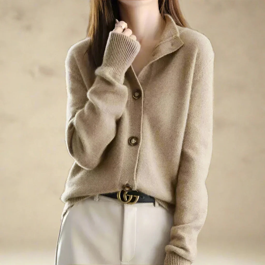 Claudia Women’s Wool Cotton Cardigan – Vintage Button Front with Stand Collar