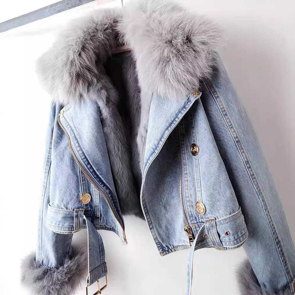 Jolene Fur-Lined Women's Denim Jacket – Cropped Coat with Removable Fox Fur Collar