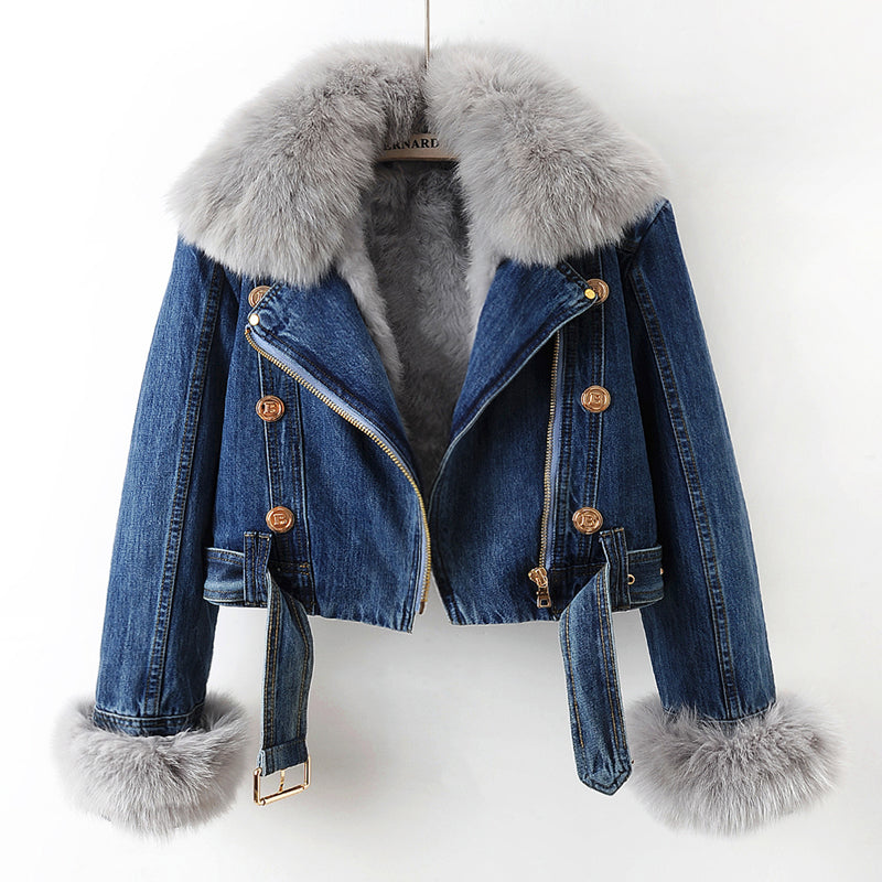 Jolene Fur-Lined Women's Denim Jacket – Cropped Coat with Removable Fox Fur Collar