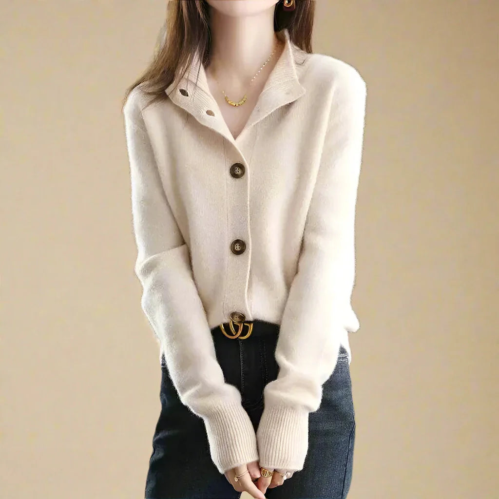 Claudia Women’s Wool Cotton Cardigan – Vintage Button Front with Stand Collar