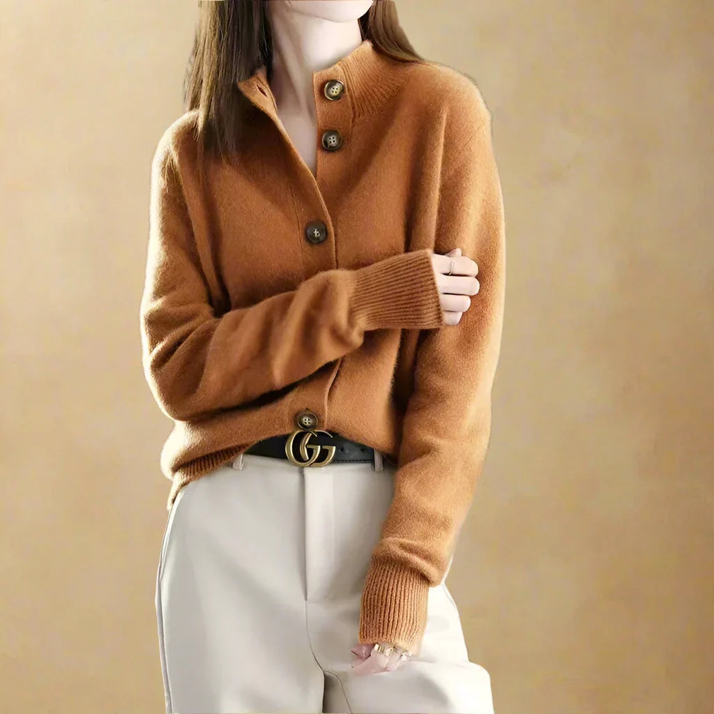 Claudia Women’s Wool Cotton Cardigan – Vintage Button Front with Stand Collar