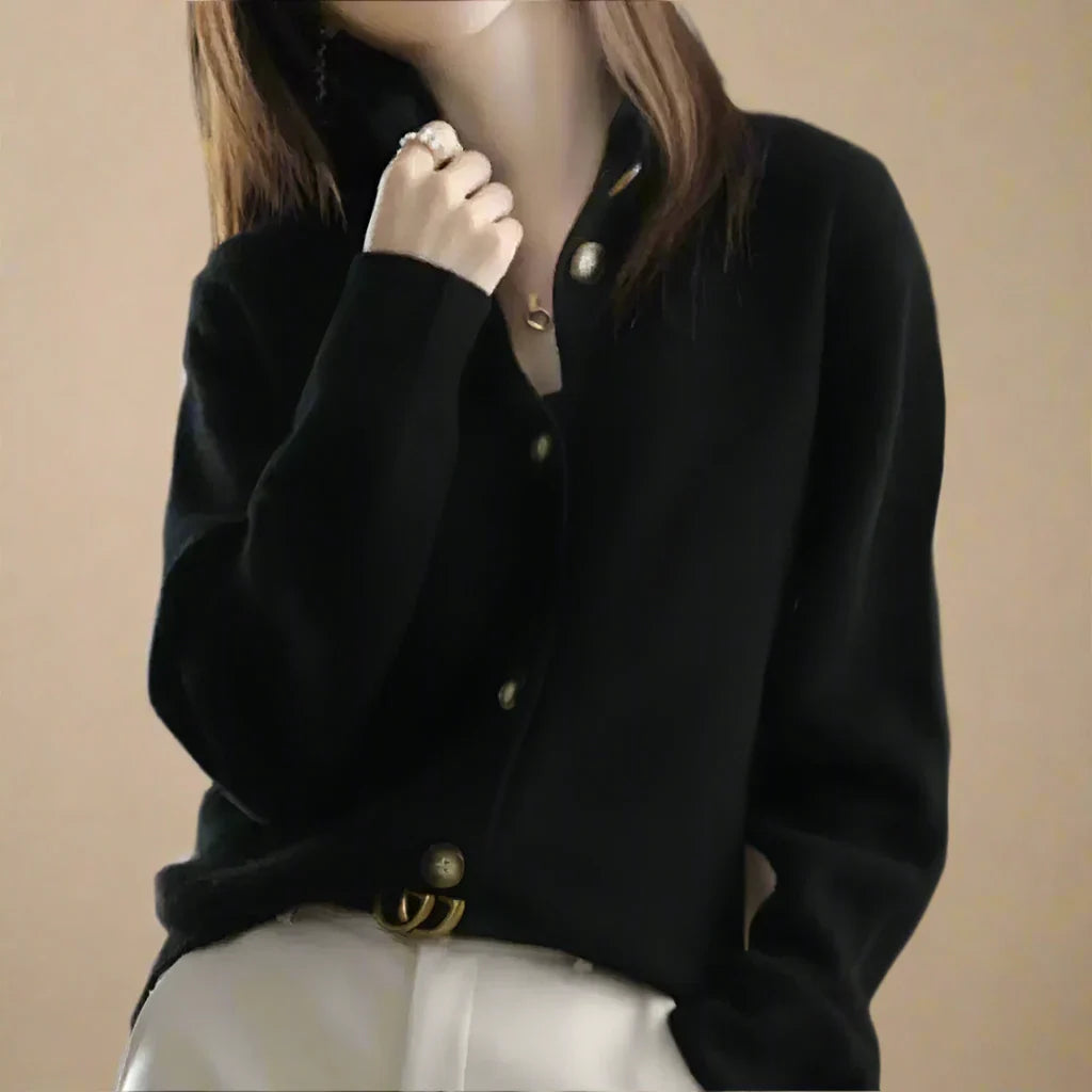 Claudia Women’s Wool Cotton Cardigan – Vintage Button Front with Stand Collar