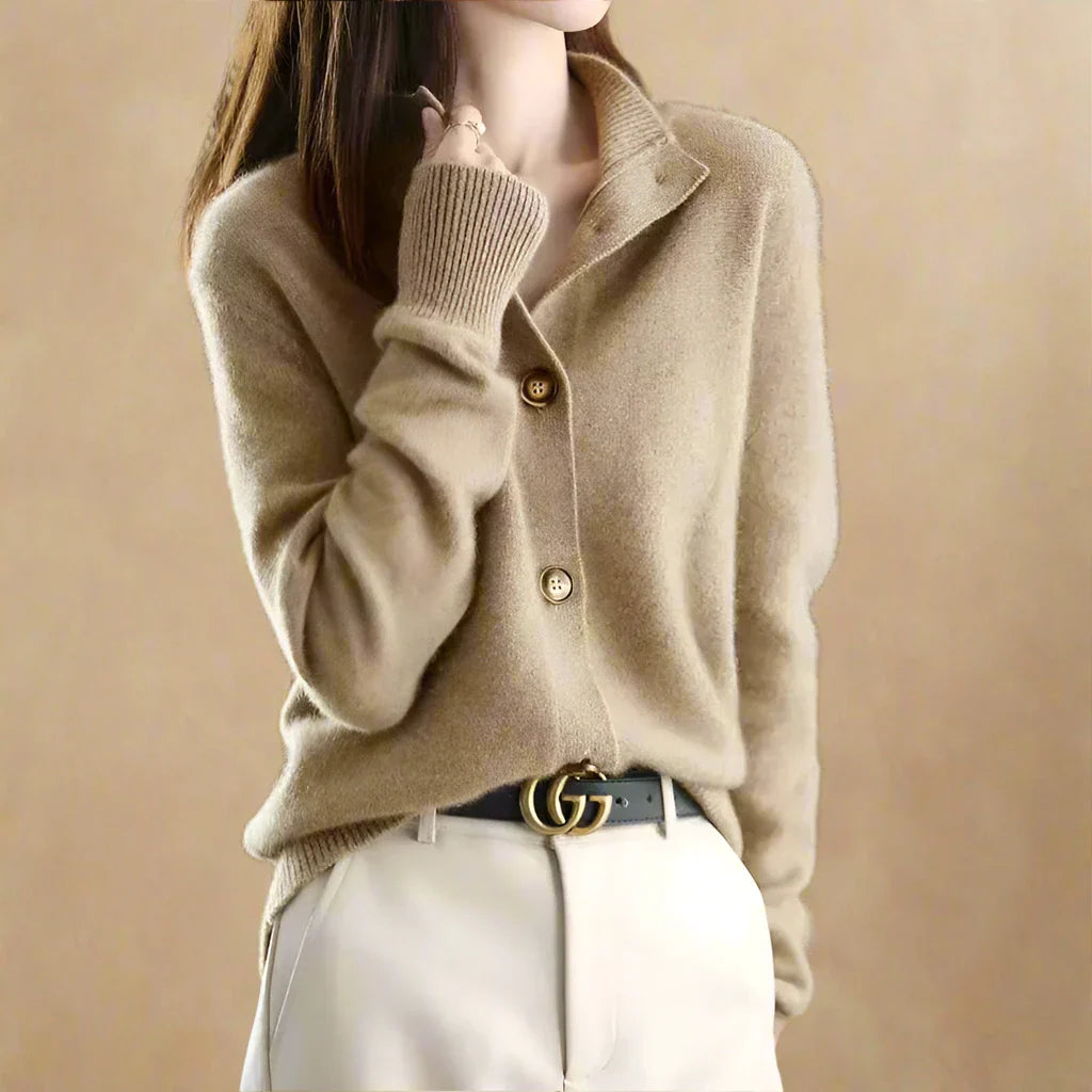 Claudia Women’s Wool Cotton Cardigan – Vintage Button Front with Stand Collar