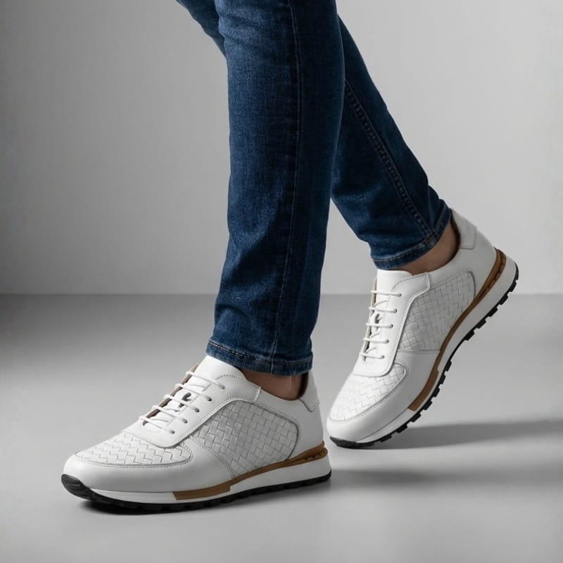 Kaisar Genuine Leather Lace-Up Trainers – Weave Pattern Casual Shoes