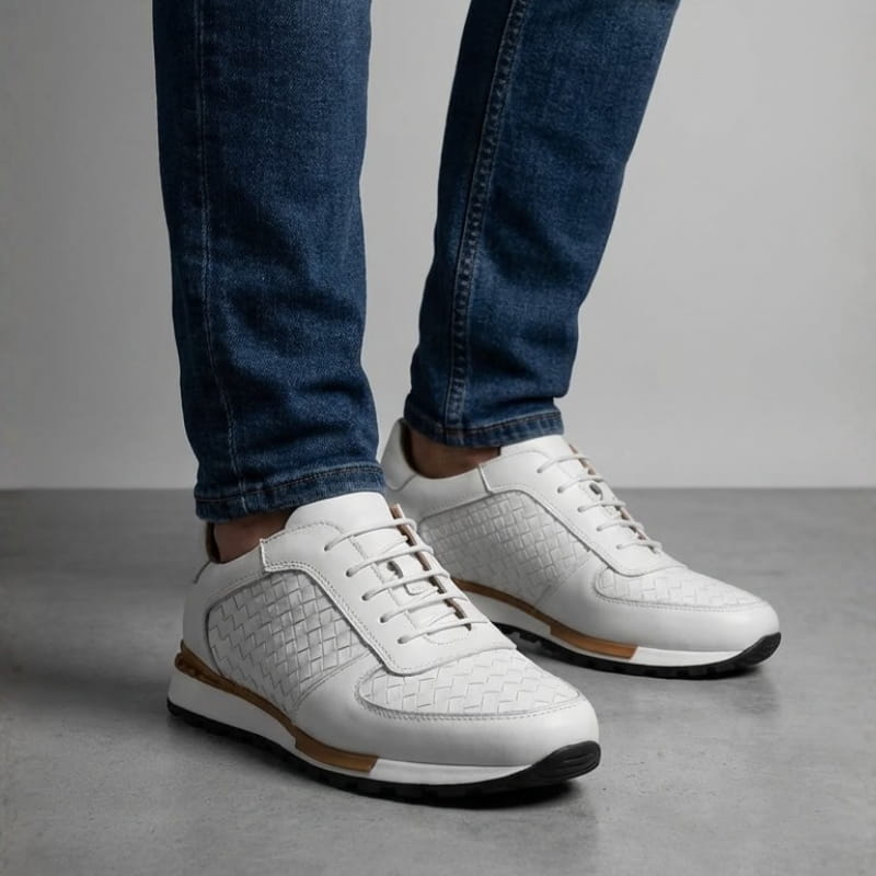 Kaisar Genuine Leather Lace-Up Trainers – Weave Pattern Casual Shoes
