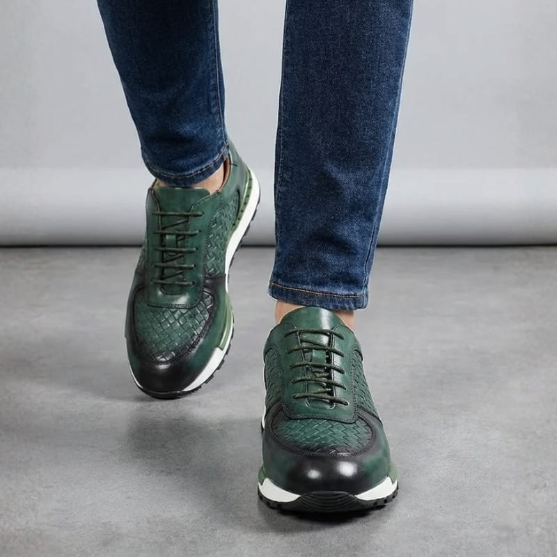 Kaisar Genuine Leather Lace-Up Trainers – Weave Pattern Casual Shoes