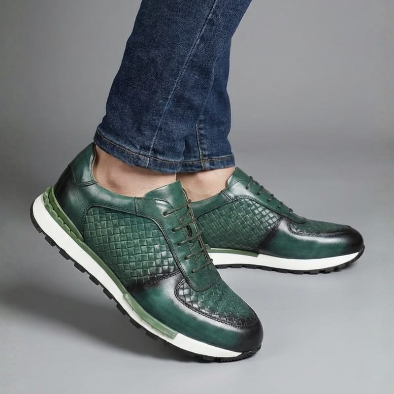 Kaisar Genuine Leather Lace-Up Trainers – Weave Pattern Casual Shoes