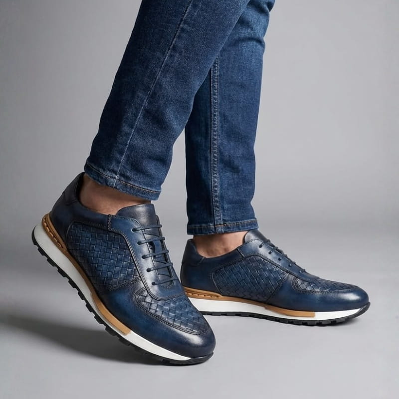 Kaisar Genuine Leather Lace-Up Trainers – Weave Pattern Casual Shoes