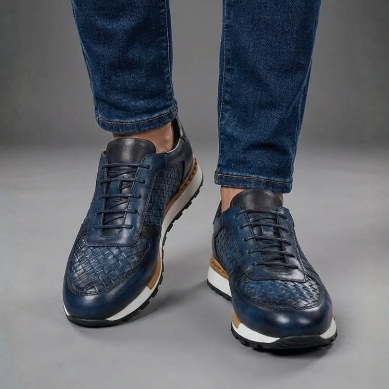 Kaisar Genuine Leather Lace-Up Trainers – Weave Pattern Casual Shoes