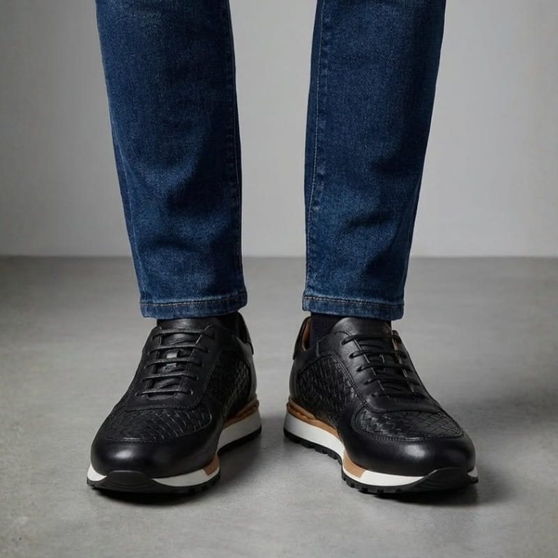 Kaisar Genuine Leather Lace-Up Trainers – Weave Pattern Casual Shoes