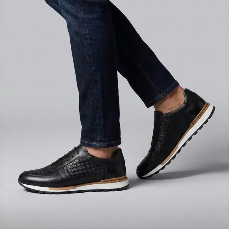 Kaisar Genuine Leather Lace-Up Trainers – Weave Pattern Casual Shoes