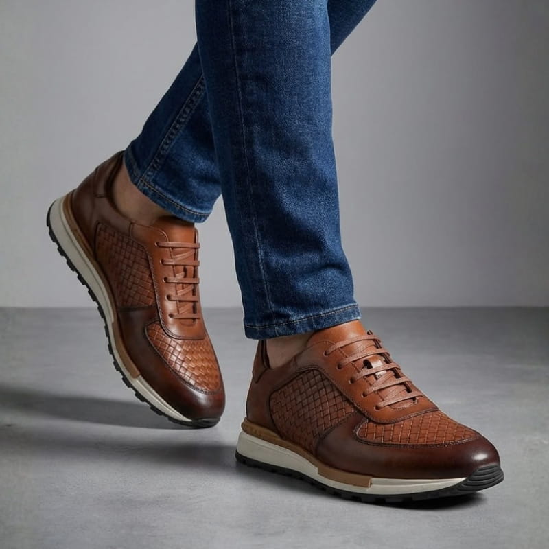 Kaisar Genuine Leather Lace-Up Trainers – Weave Pattern Casual Shoes