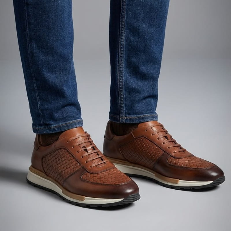 Kaisar Genuine Leather Lace-Up Trainers – Weave Pattern Casual Shoes