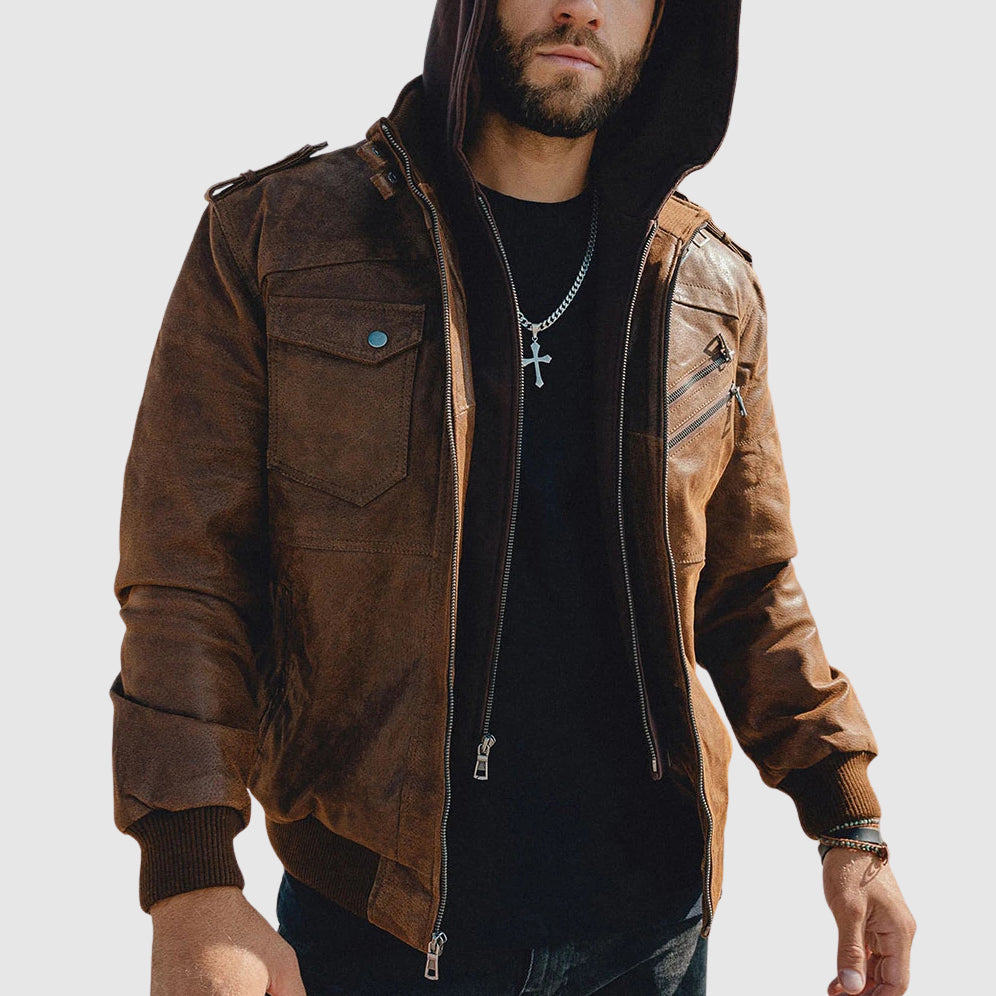 Dakar Men’s Hooded Leather Jacket – Genuine Leather Jacket