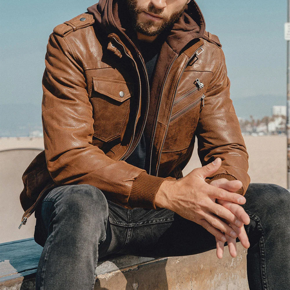 Dakar Men’s Hooded Leather Jacket – Genuine Leather Jacket