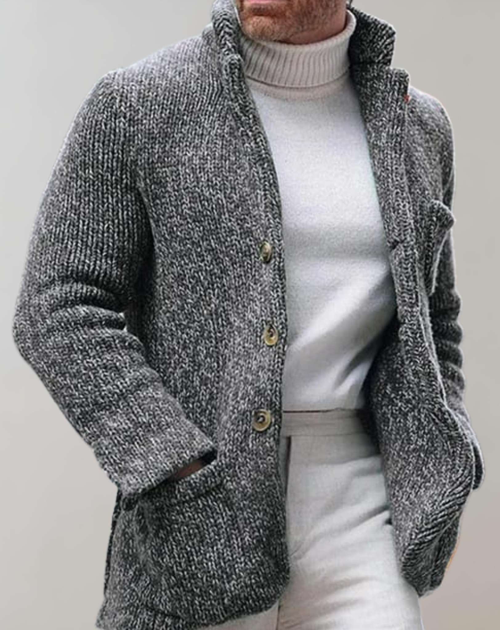Orlando Men’s Cardigan – Chunky Knit with Standing Collar & Patch Pockets