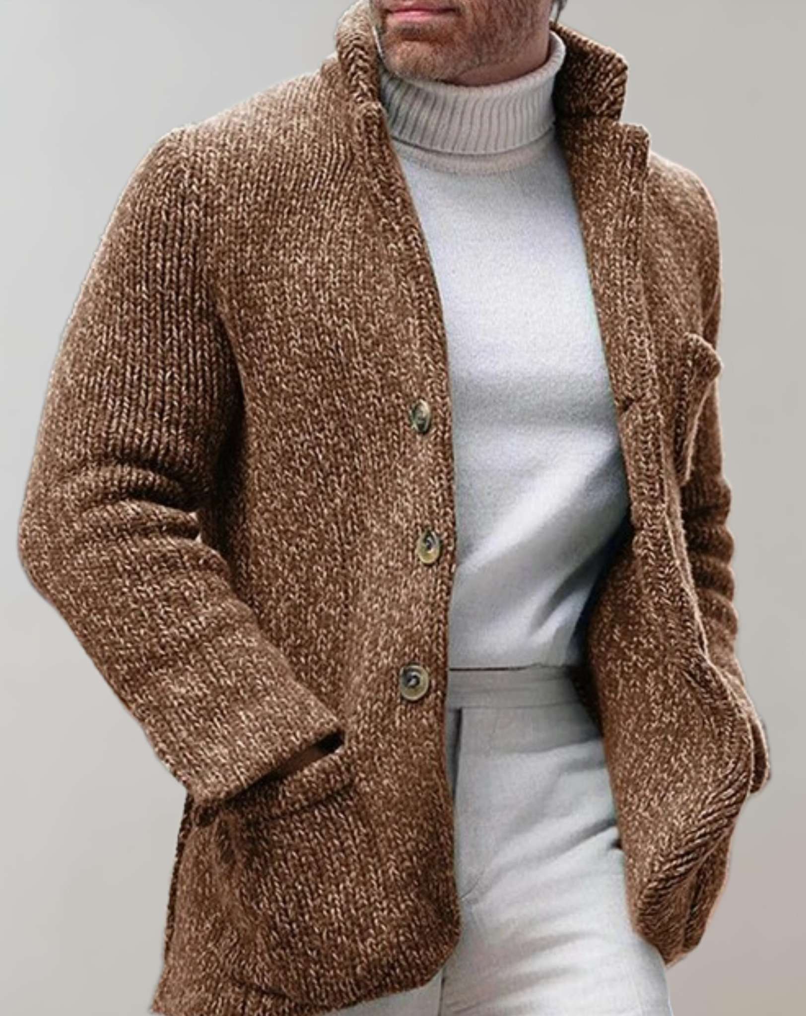 Orlando Men’s Cardigan – Chunky Knit with Standing Collar & Patch Pockets