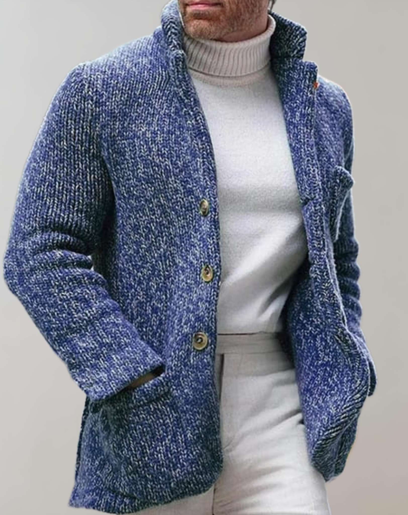 Orlando Men’s Cardigan – Chunky Knit with Standing Collar & Patch Pockets