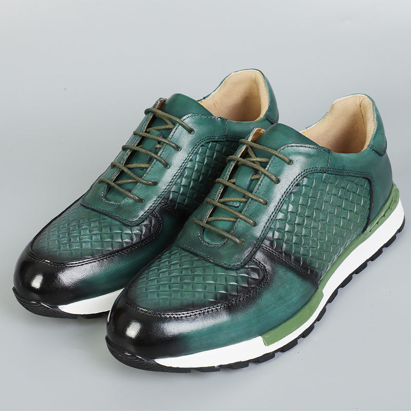 Kaisar Genuine Leather Lace-Up Trainers – Weave Pattern Casual Shoes