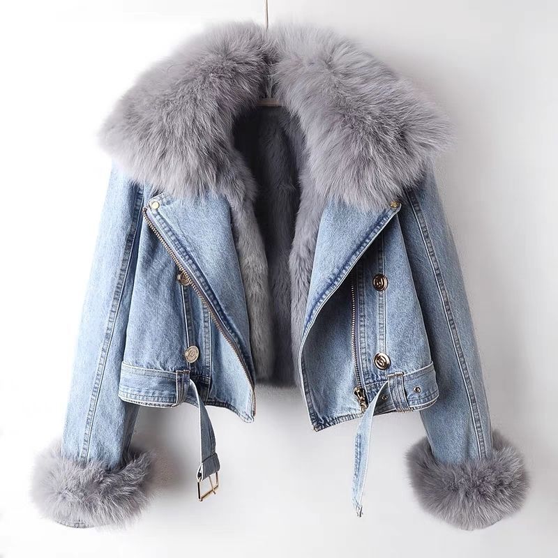 Zinia Women’s Denim Fur Jacket – Soft Rabbit-Blend Lining with Fur Collar & Cuffs