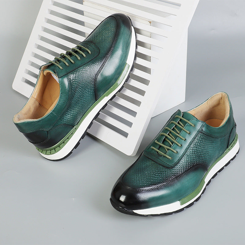 Kaisar Genuine Leather Lace-Up Trainers – Weave Pattern Casual Shoes