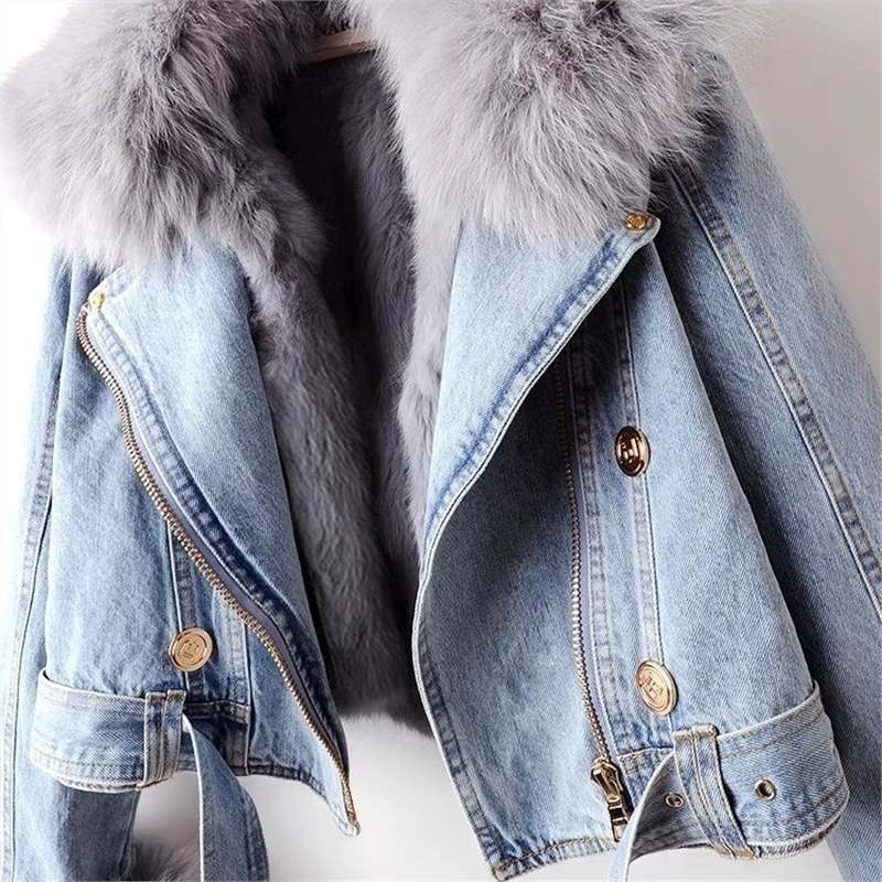 Zinia Women’s Denim Fur Jacket – Soft Rabbit-Blend Lining with Fur Collar & Cuffs