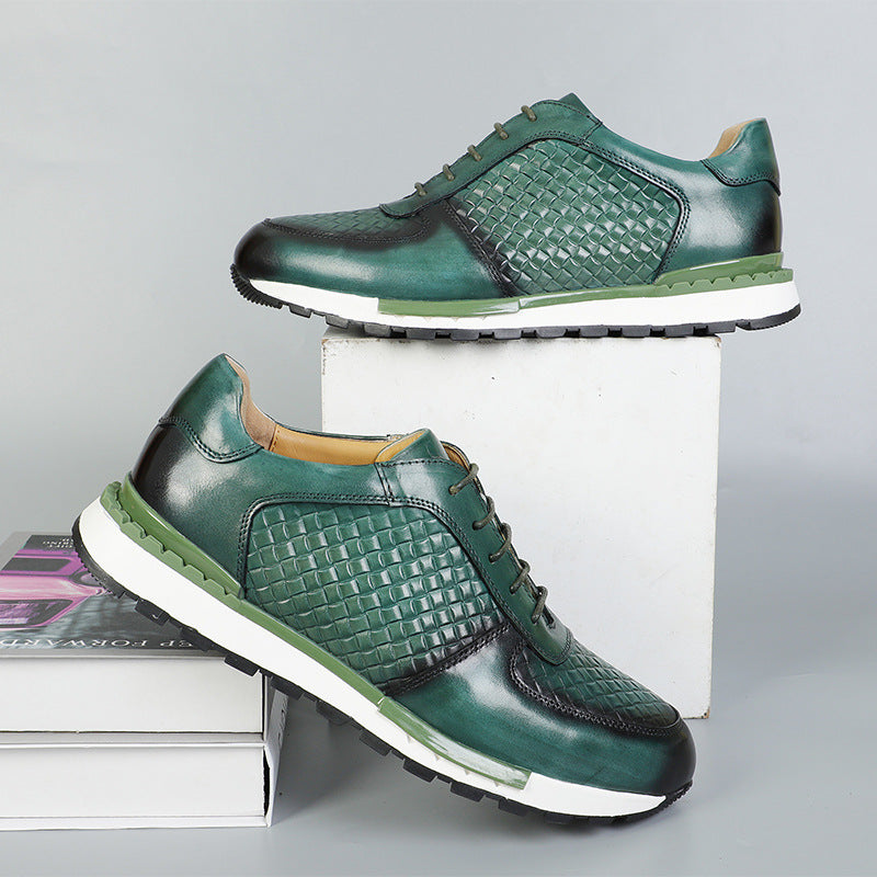 Kaisar Genuine Leather Lace-Up Trainers – Weave Pattern Casual Shoes