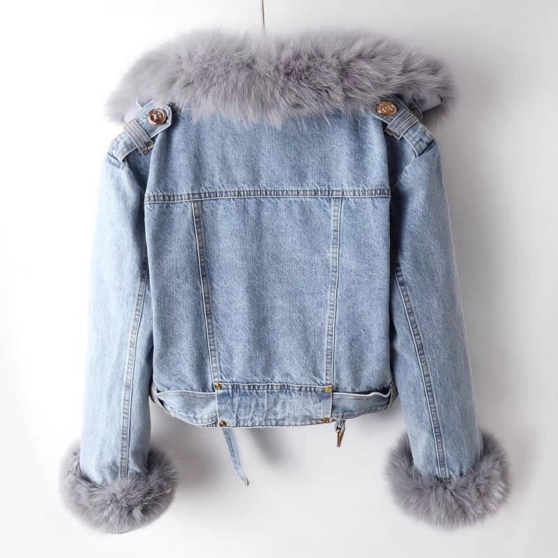 Zinia Women’s Denim Fur Jacket – Soft Rabbit-Blend Lining with Fur Collar & Cuffs