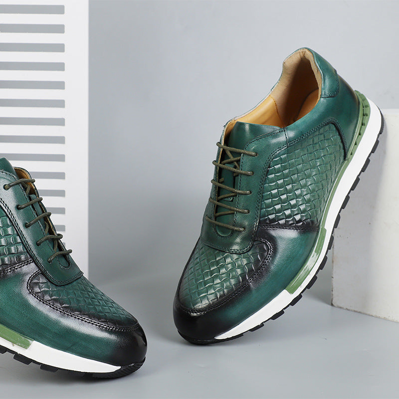 Kaisar Genuine Leather Lace-Up Trainers – Weave Pattern Casual Shoes