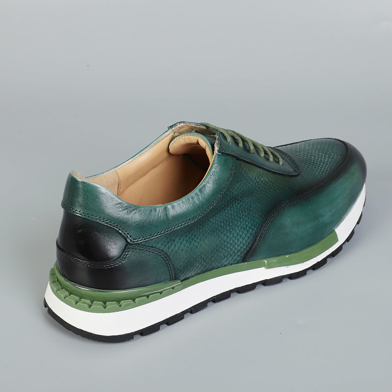 Kaisar Genuine Leather Lace-Up Trainers – Weave Pattern Casual Shoes